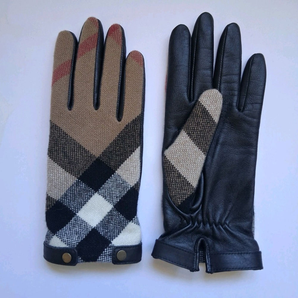 Burberry London Gabriel Check Wool & Leather Gloves Size 7 1/2 Medium Women's - Picture 2 of 9